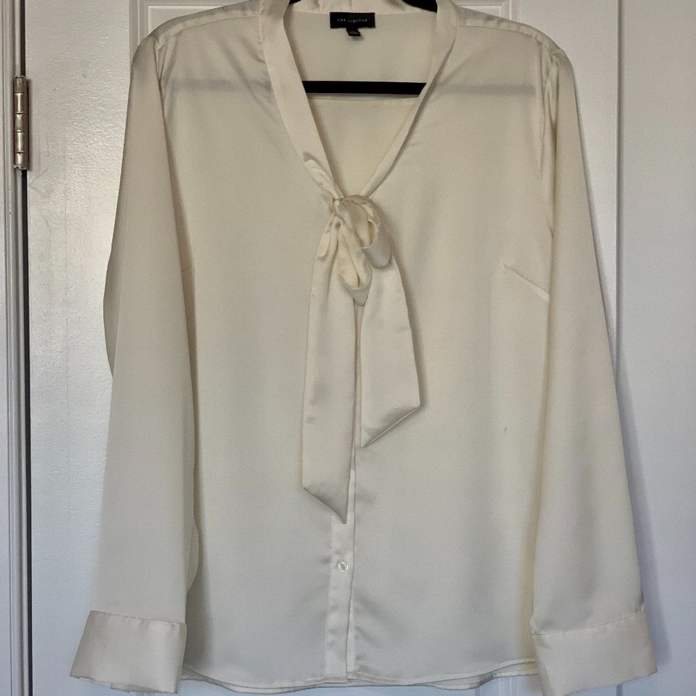 The Limited Blouse- Cream Satiny Bow-Neck Button Down